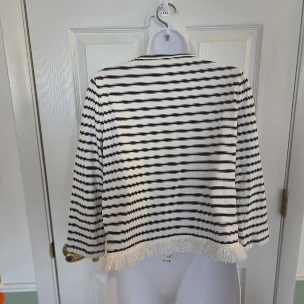 Kate Spade New York S Striped Studded Fringe Hem Top Black White Designer Basic